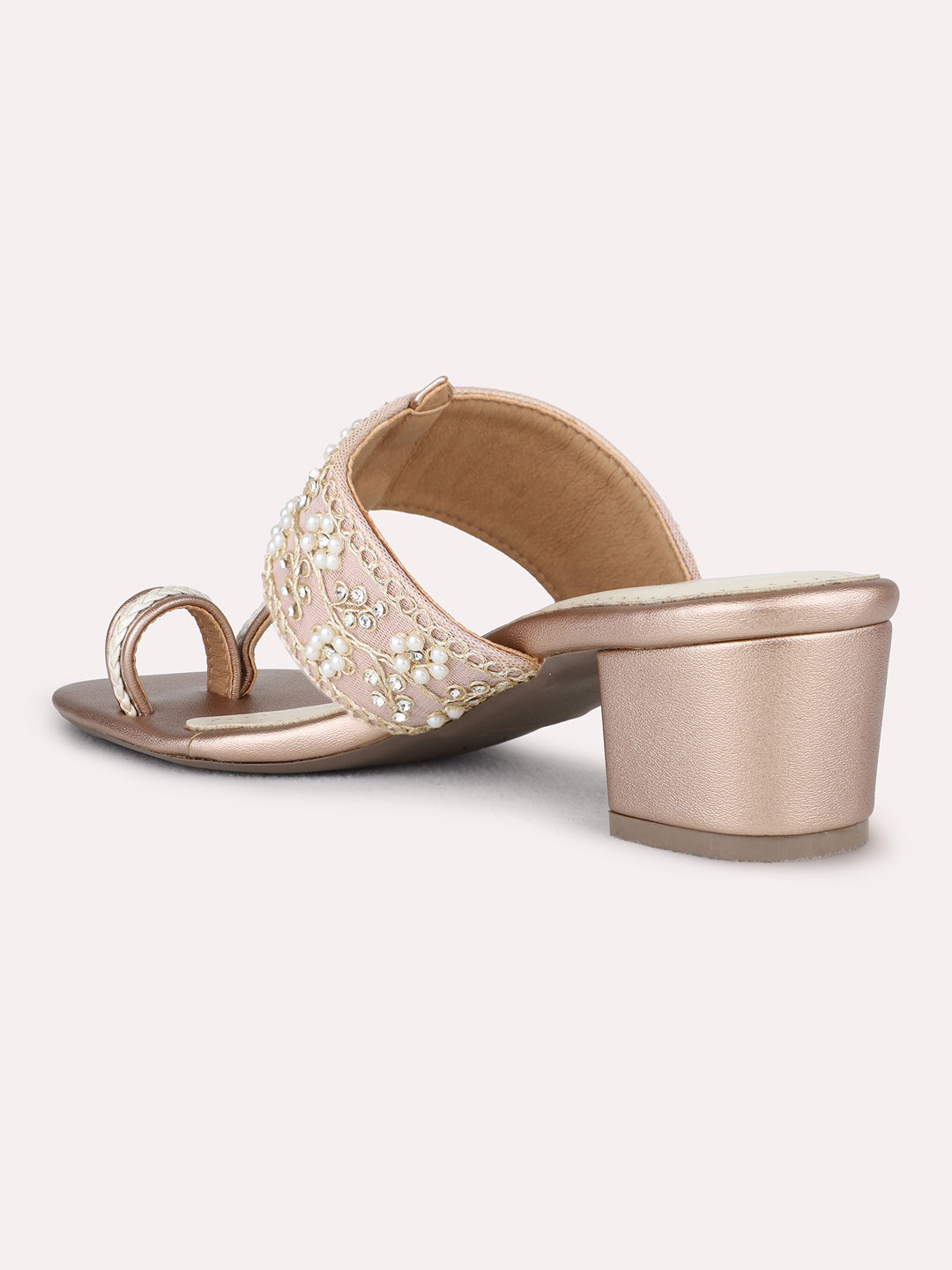 Womens Rose Golden Ethnic Embellished Round Toe Block Heel Sandals