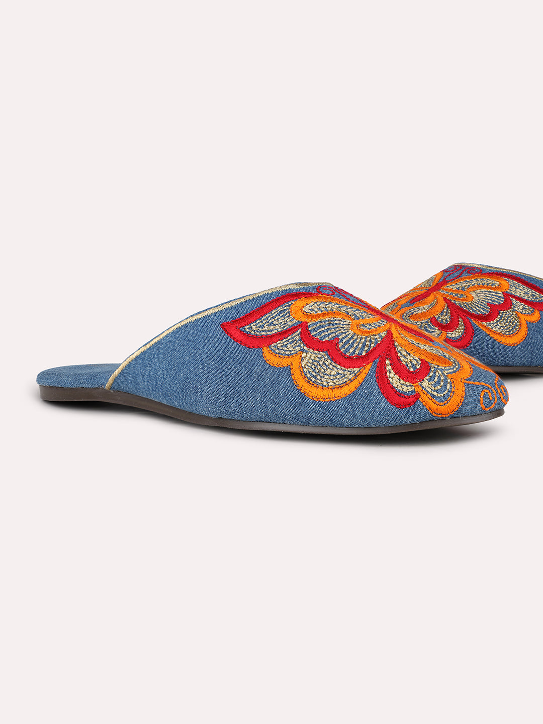 Women Blue Casual Printed Pointed Slip-On Flat Mules