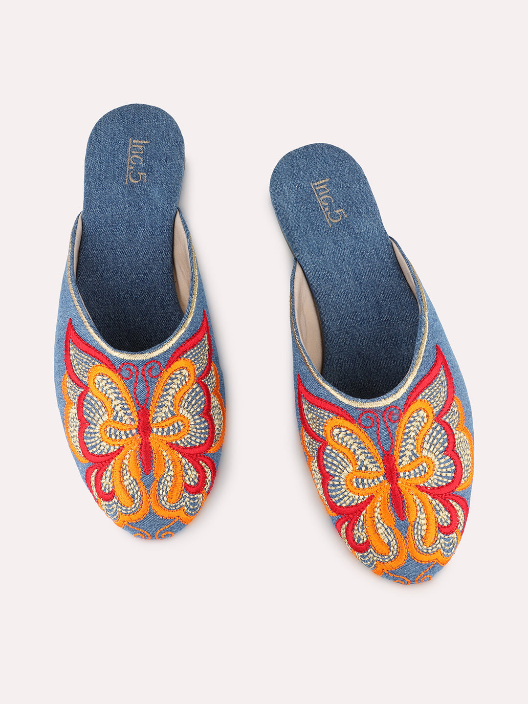 Women Blue Casual Printed Pointed Slip-On Flat Mules