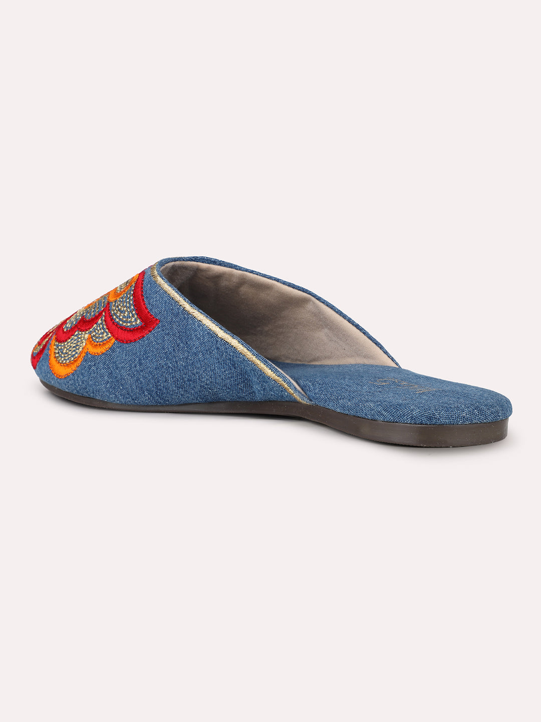 Women Blue Casual Printed Pointed Slip-On Flat Mules