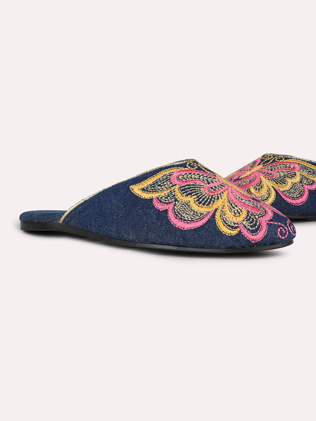 Women Navy Casual Printed Pointed Slip-On Flat Mules