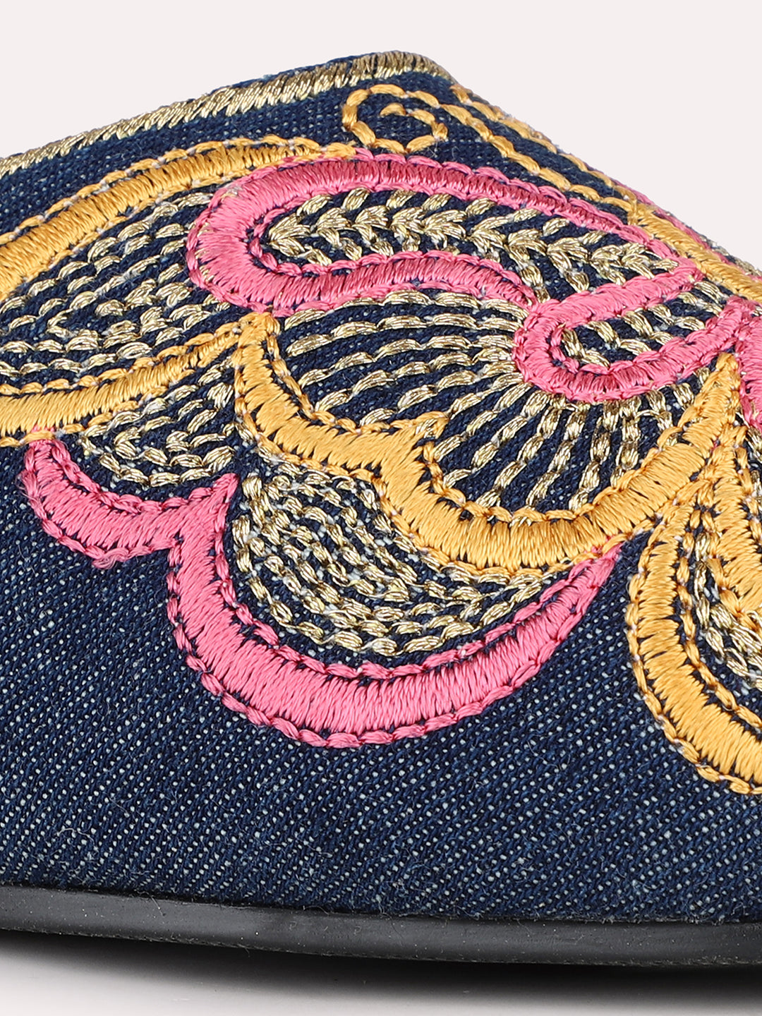 Women Navy Casual Printed Pointed Slip-On Flat Mules