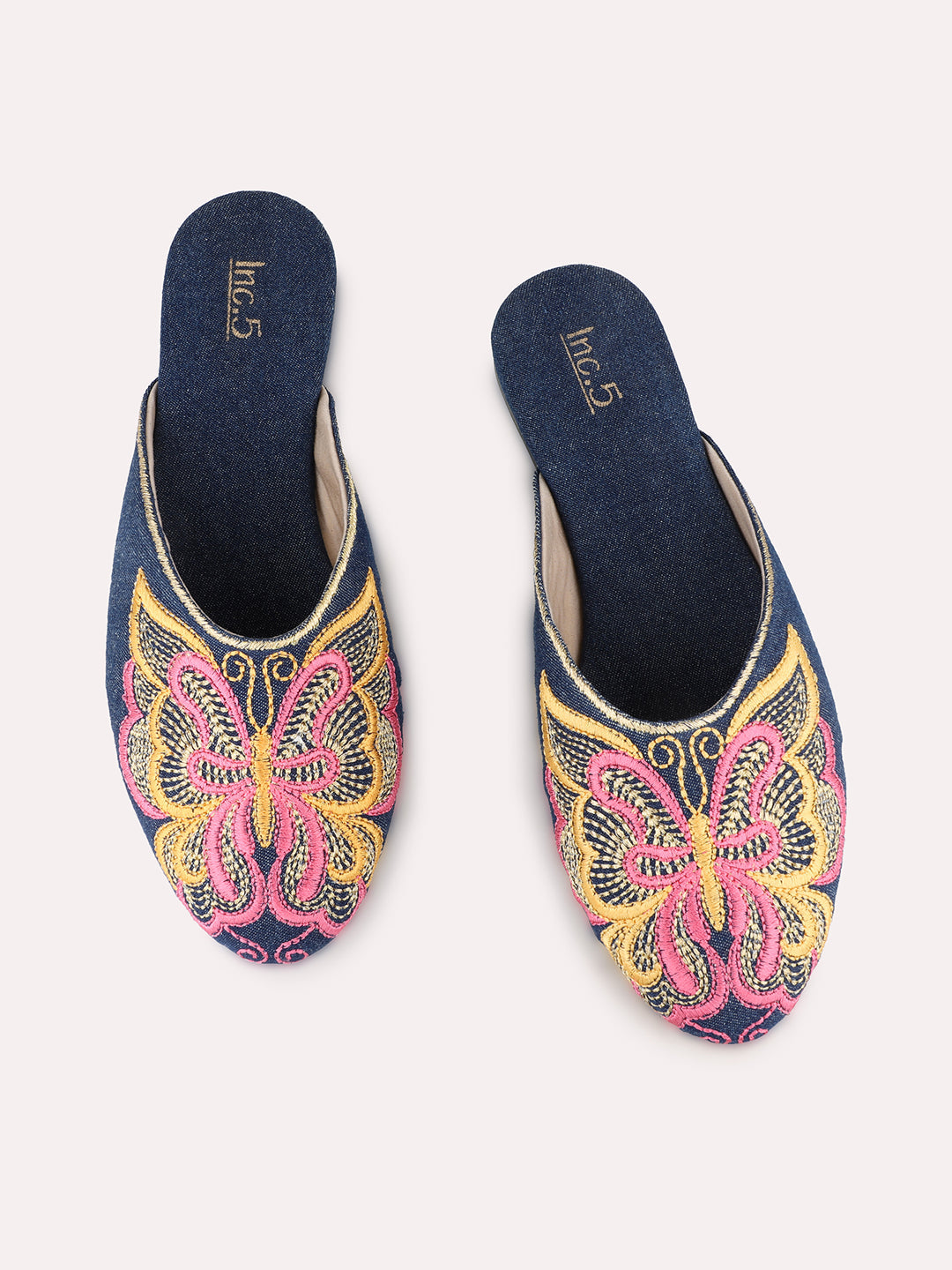 Women Navy Casual Printed Pointed Slip-On Flat Mules
