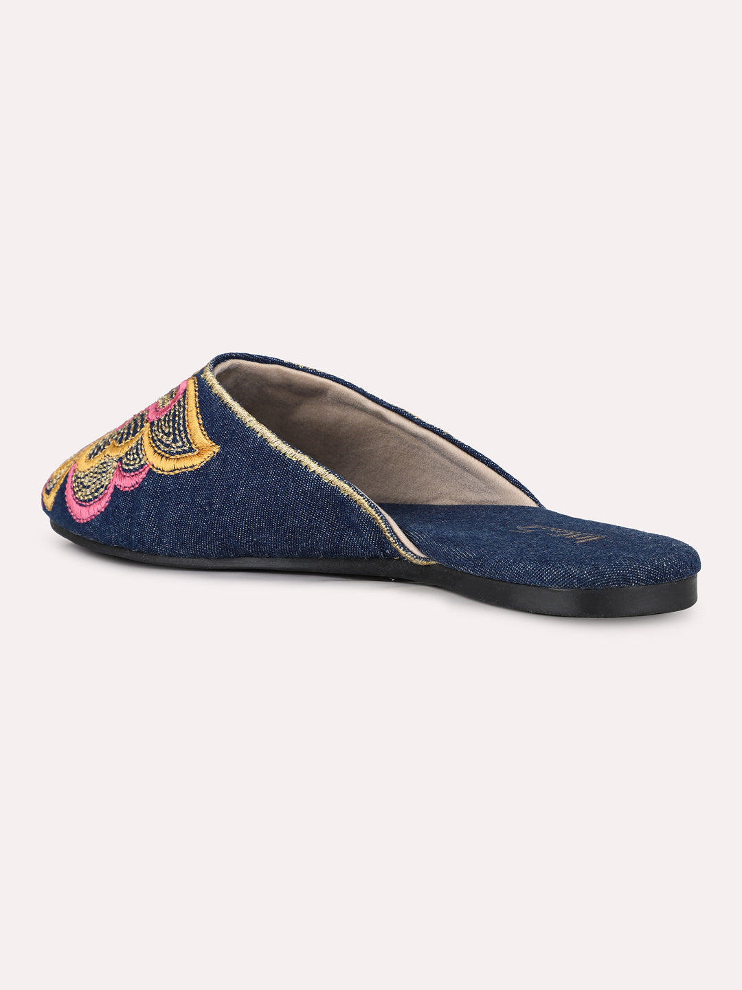 Women Navy Casual Printed Pointed Slip-On Flat Mules
