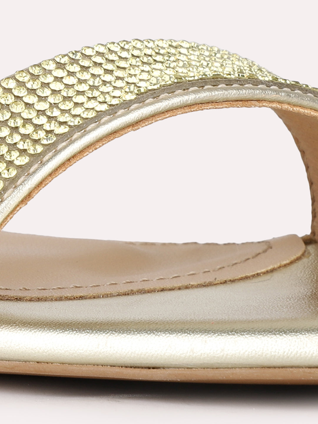 Women Golden Party Wear Embellished Square Toe Block Heel Sandals