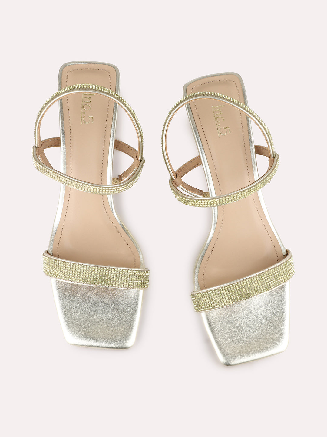 Women Golden Party Wear Embellished Square Toe Block Heel Sandals