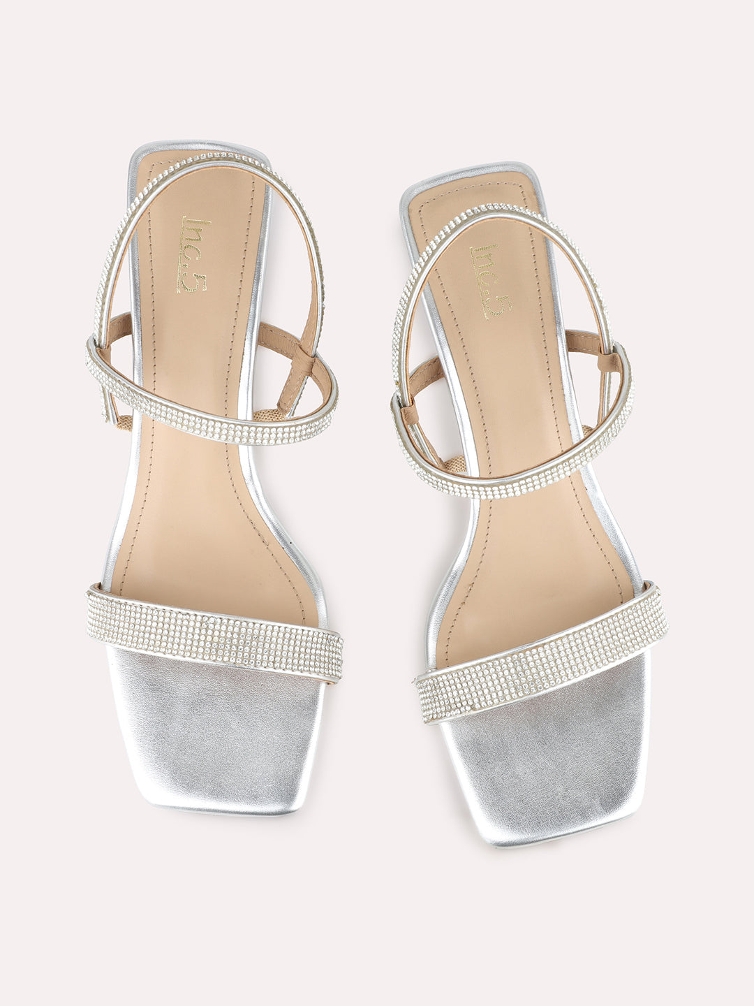 Women Silver Party Wear Embellished Square Toe Block Heel Sandals