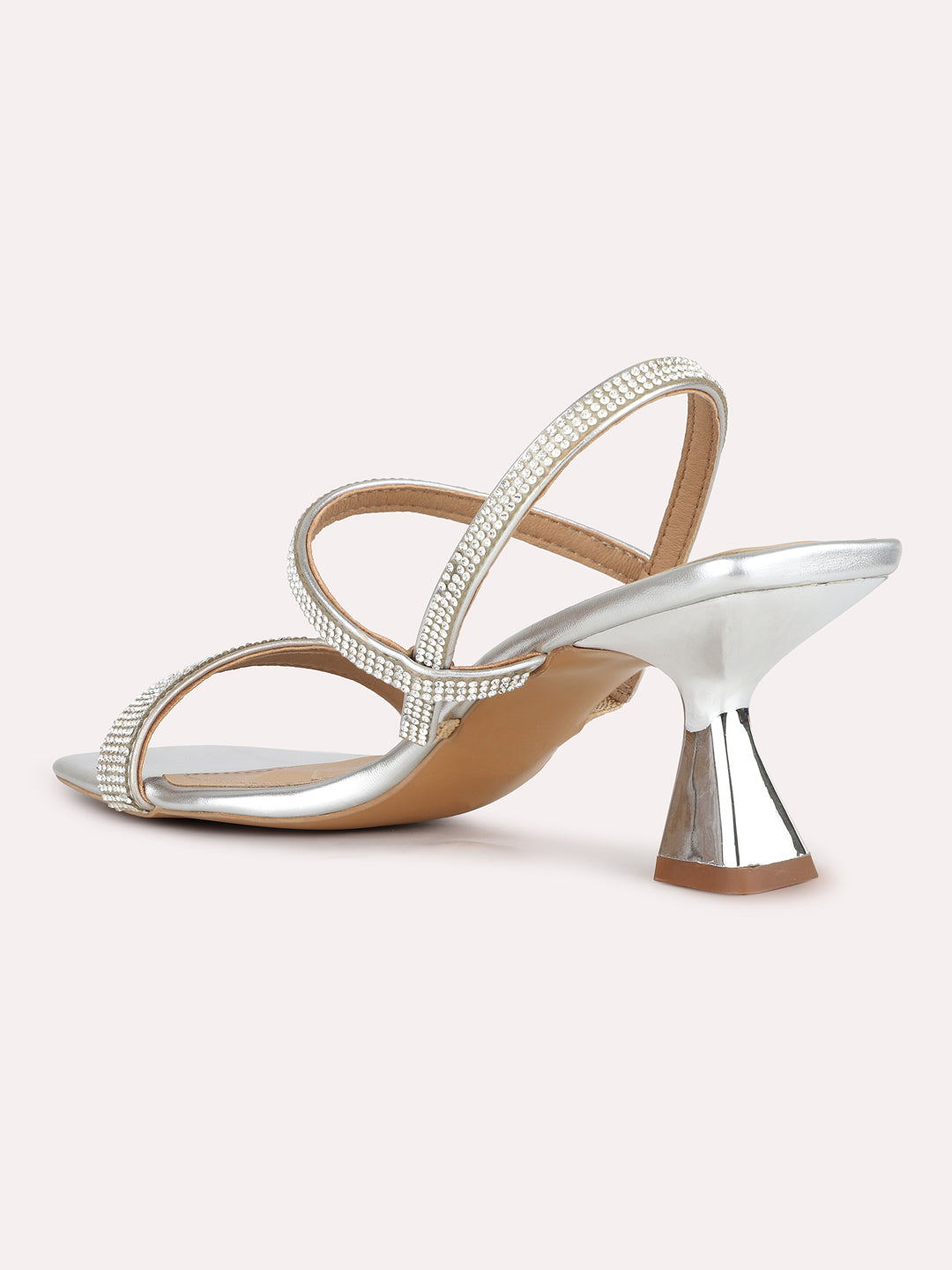 Women Silver Party Wear Embellished Square Toe Block Heel Sandals