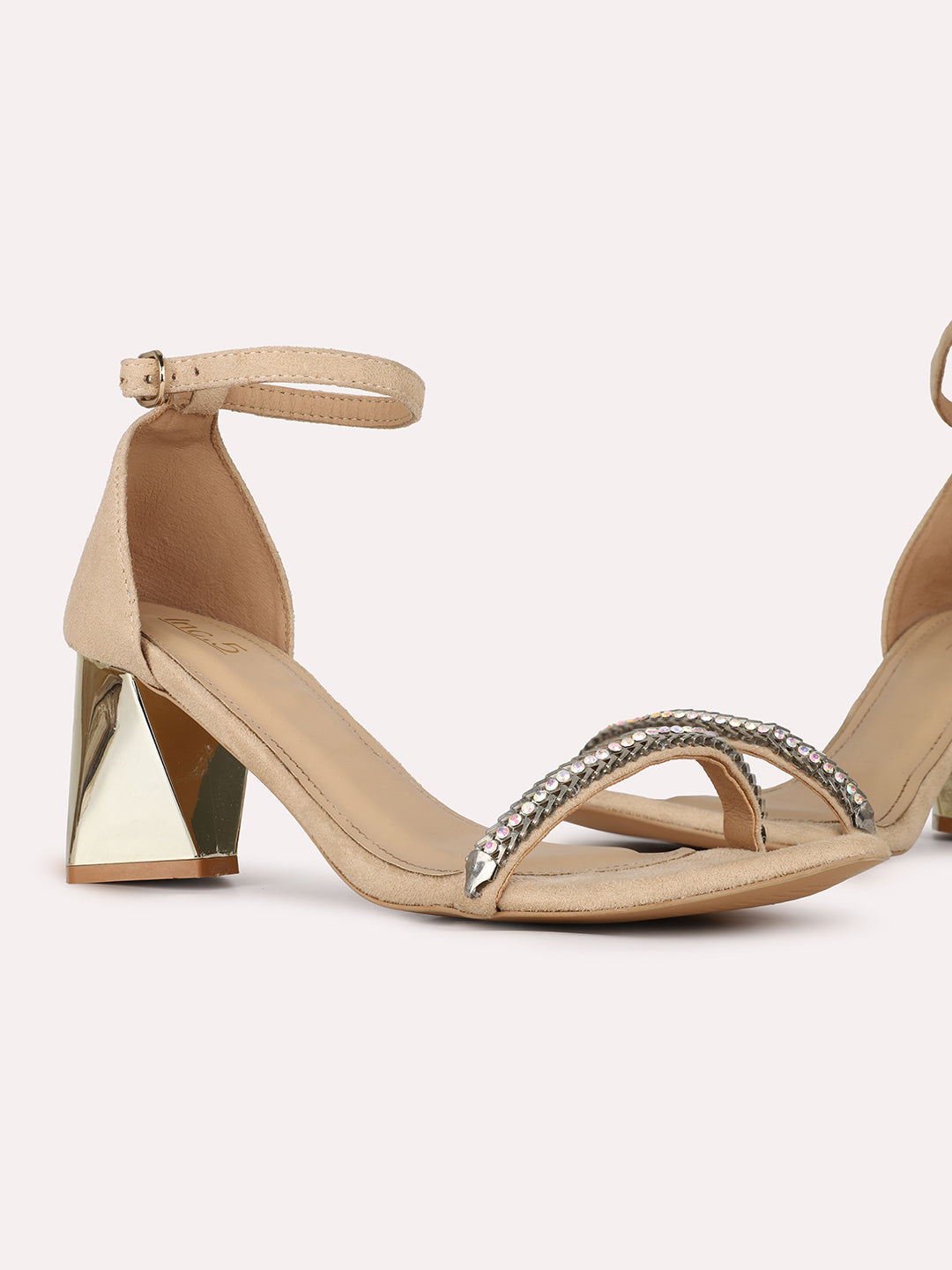 Womens Beige Party Wear Solid Round Toe Block Heel Sandals