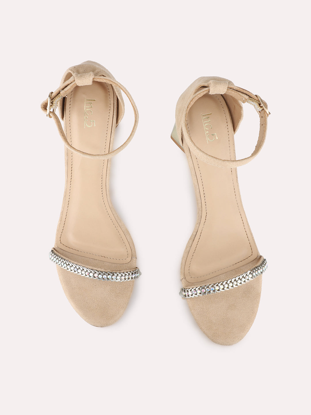 Womens Beige Party Wear Solid Round Toe Block Heel Sandals