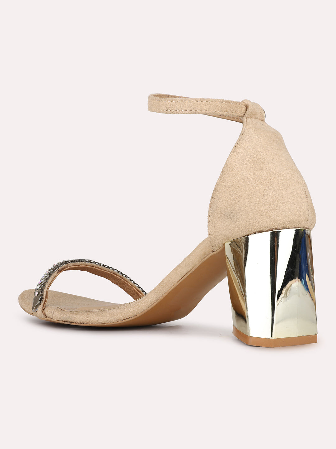 Womens Beige Party Wear Solid Round Toe Block Heel Sandals