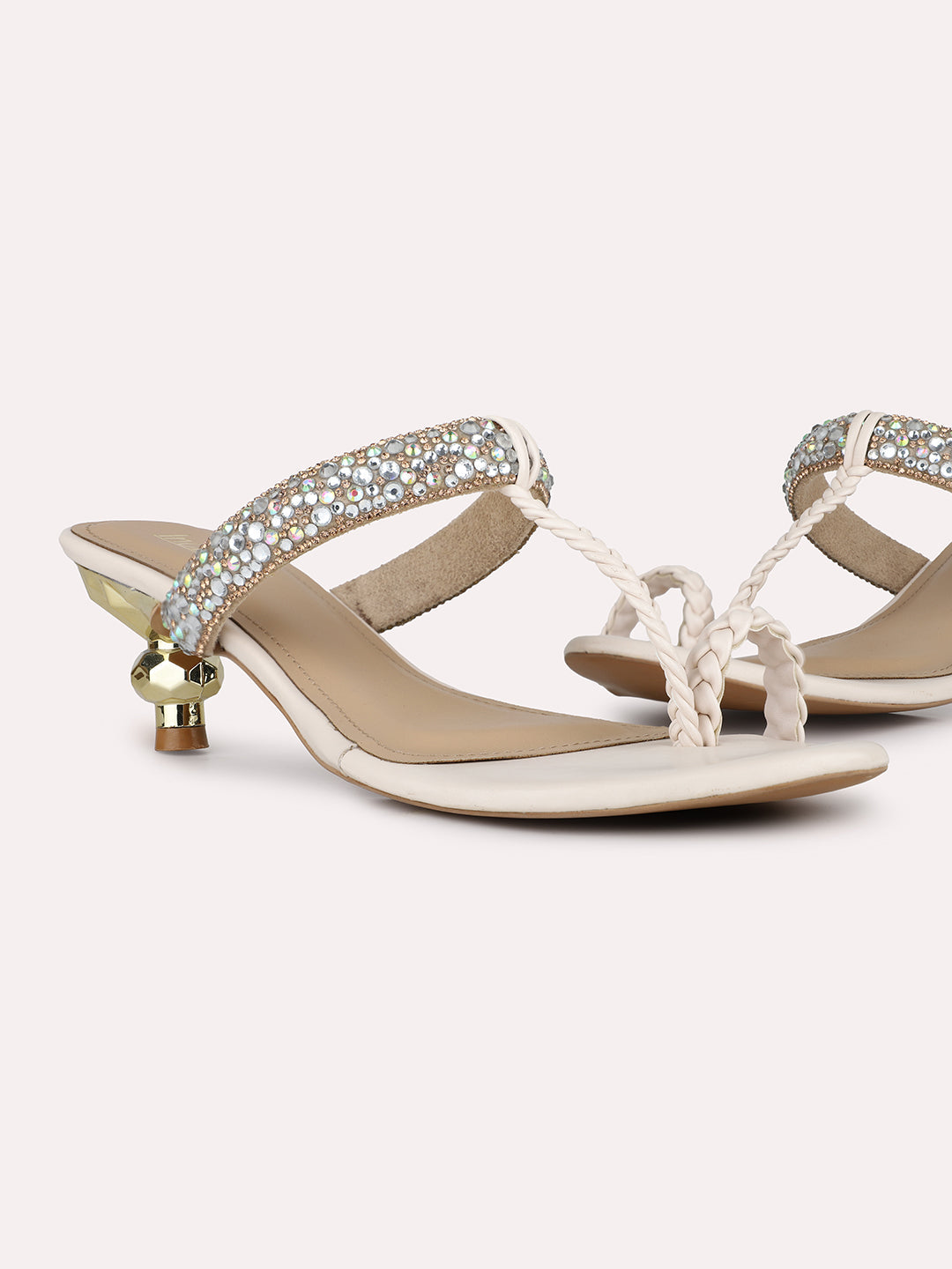 Women Cream Party Wear Embellished Round Toe Block Heel Sandals