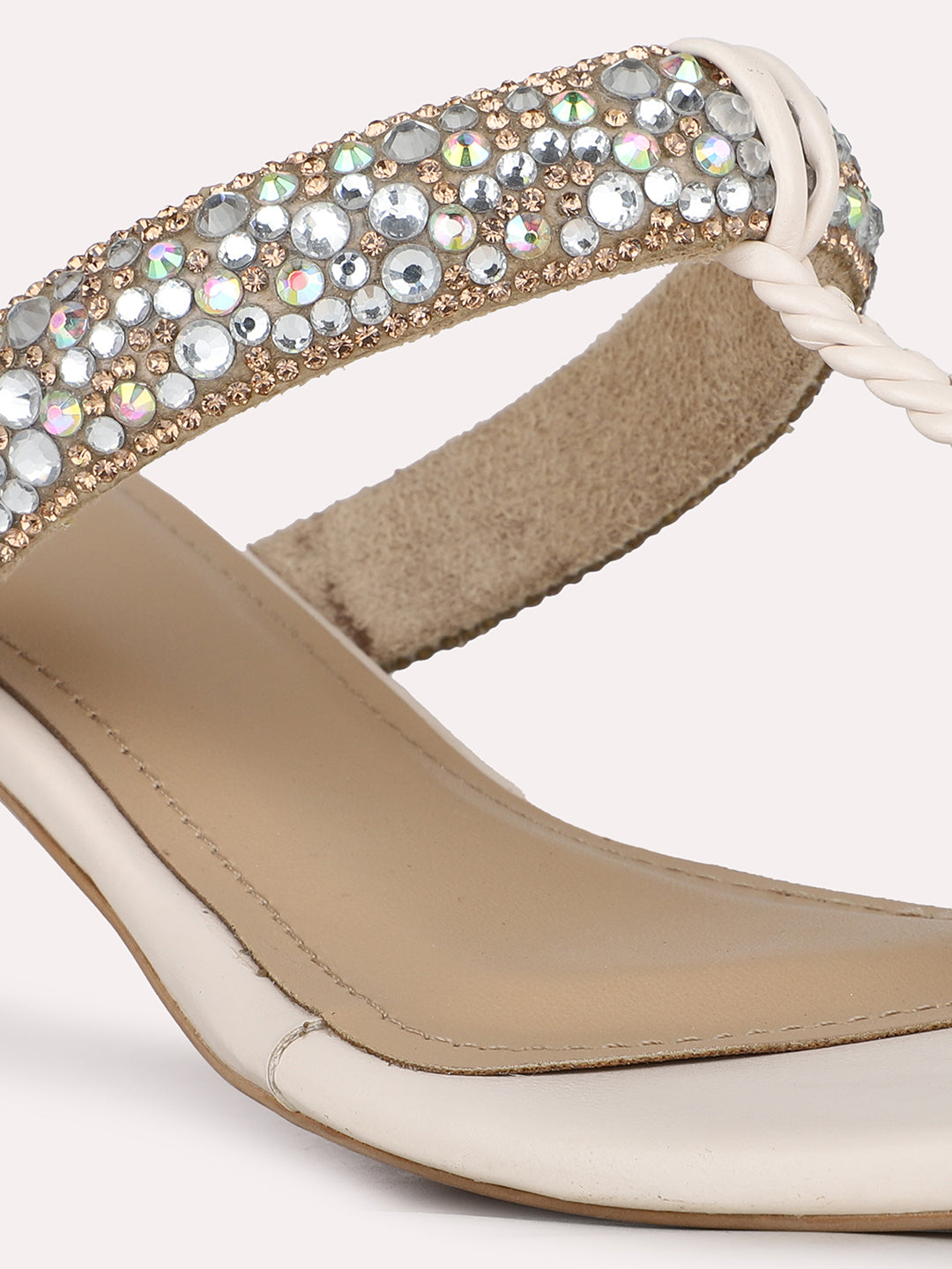 Women Cream Party Wear Embellished Round Toe Block Heel Sandals