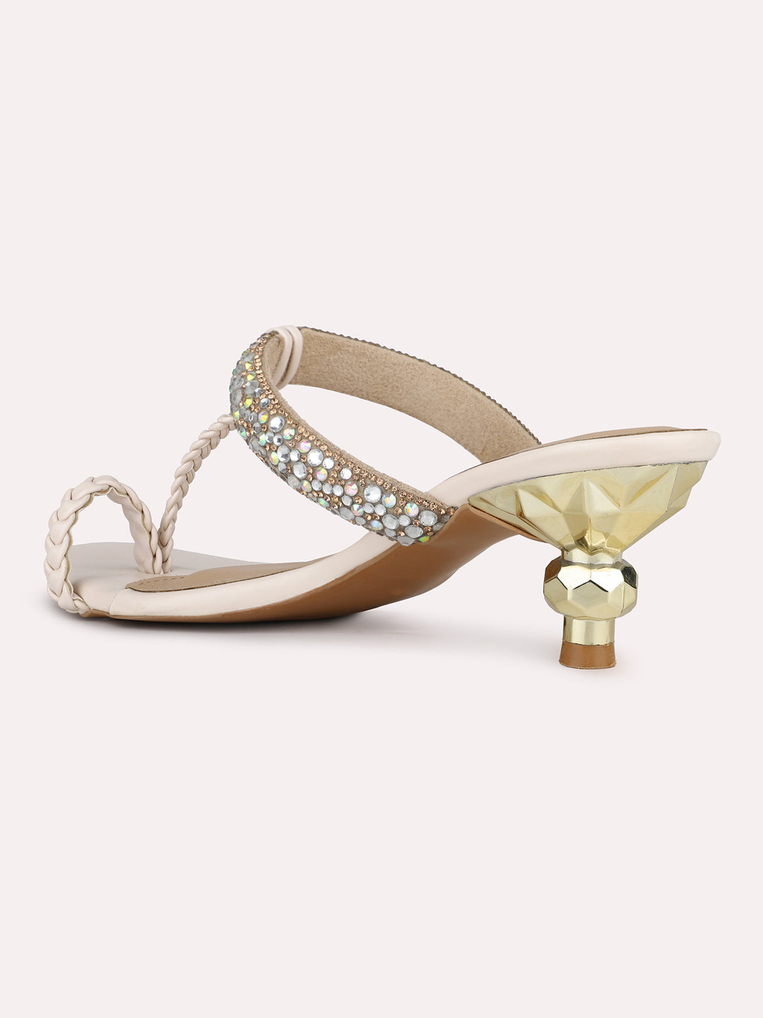 Women Cream Party Wear Embellished Round Toe Block Heel Sandals