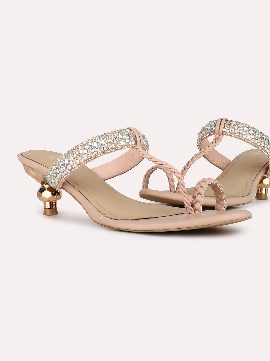 Women Peach Party Wear Embellished Square Toe Kitten Heel Sandals