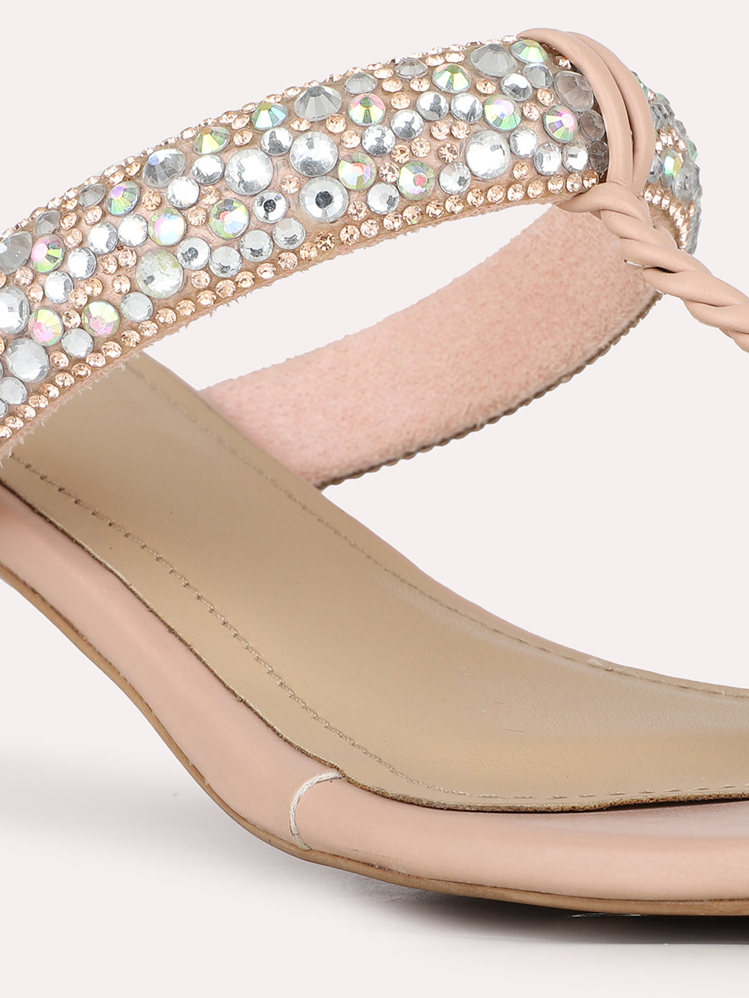 Women Peach Party Wear Embellished Square Toe Kitten Heel Sandals