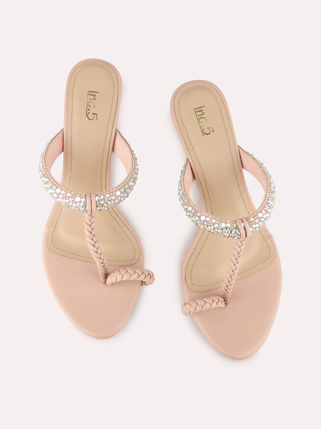 Women Peach Party Wear Embellished Square Toe Kitten Heel Sandals