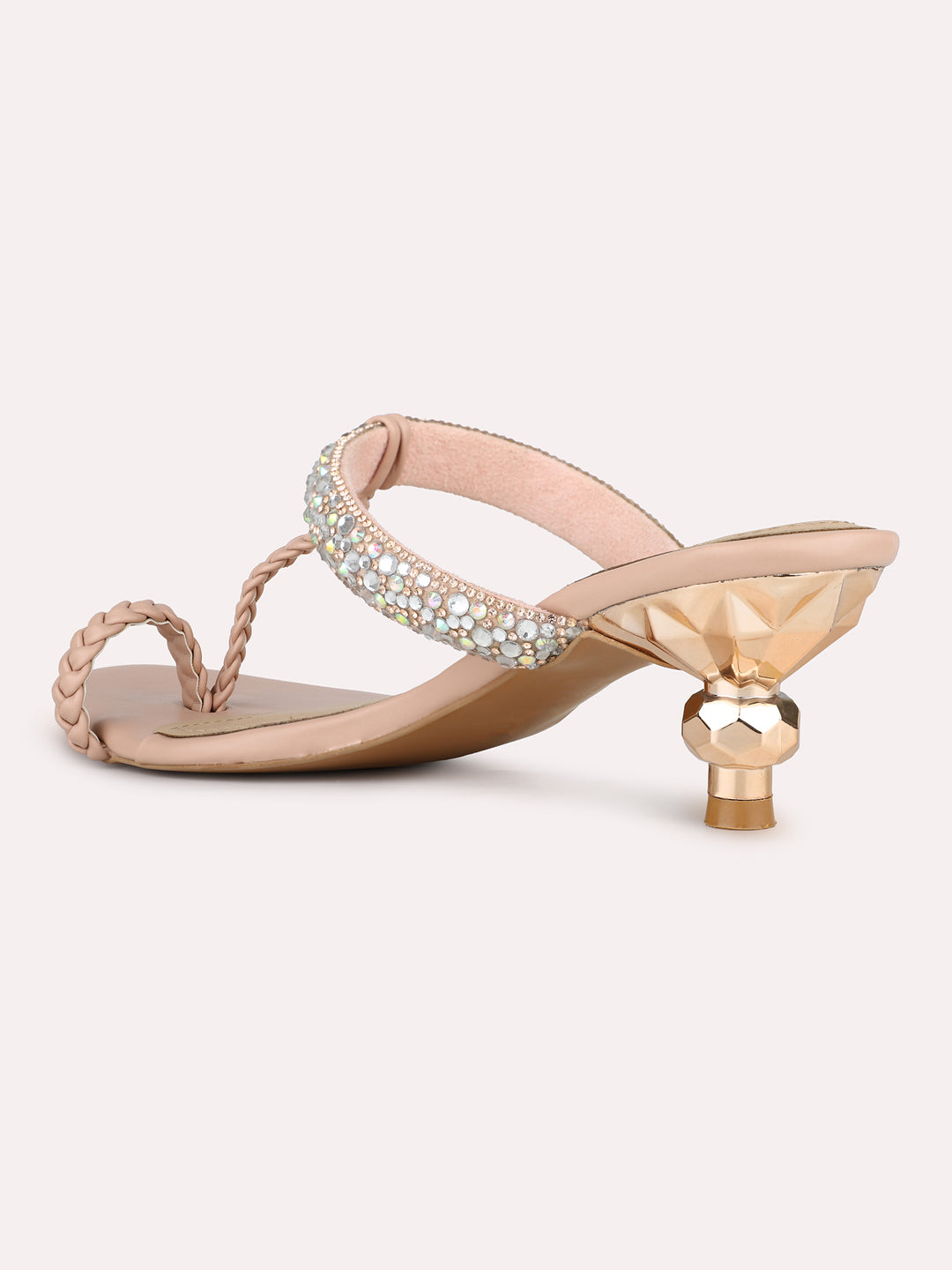 Women Peach Party Wear Embellished Square Toe Kitten Heel Sandals