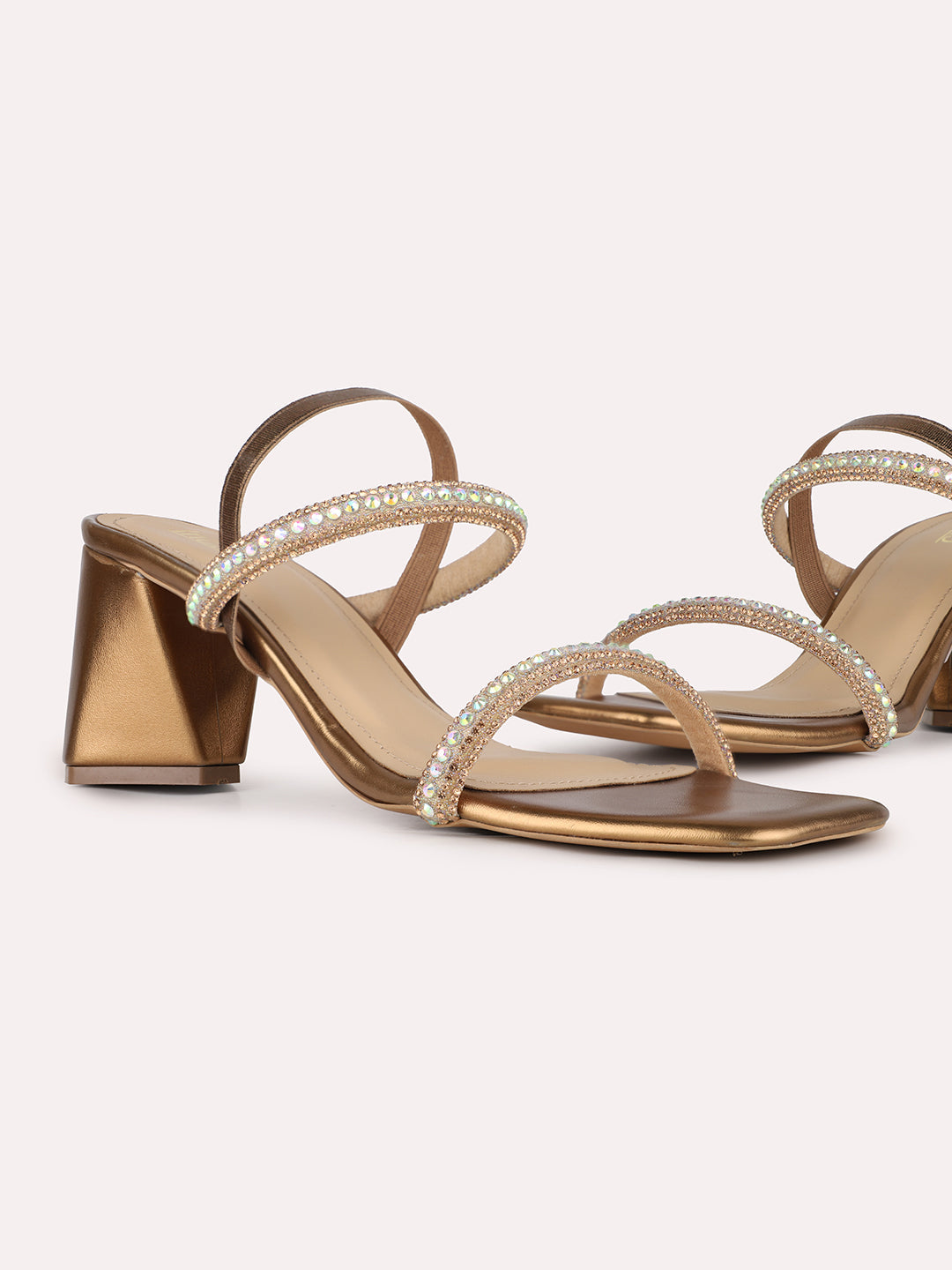 Women Golden Party Wear Embellished Pattern Square Toe Block Heels