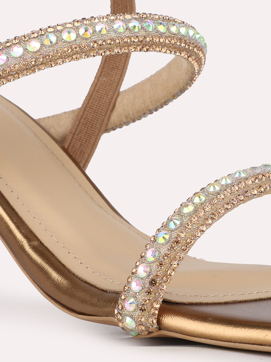 Women Golden Party Wear Embellished Pattern Square Toe Block Heels