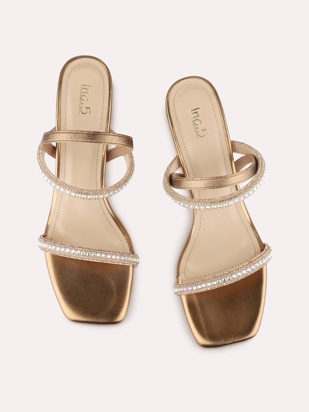 Women Golden Party Wear Embellished Pattern Square Toe Block Heels