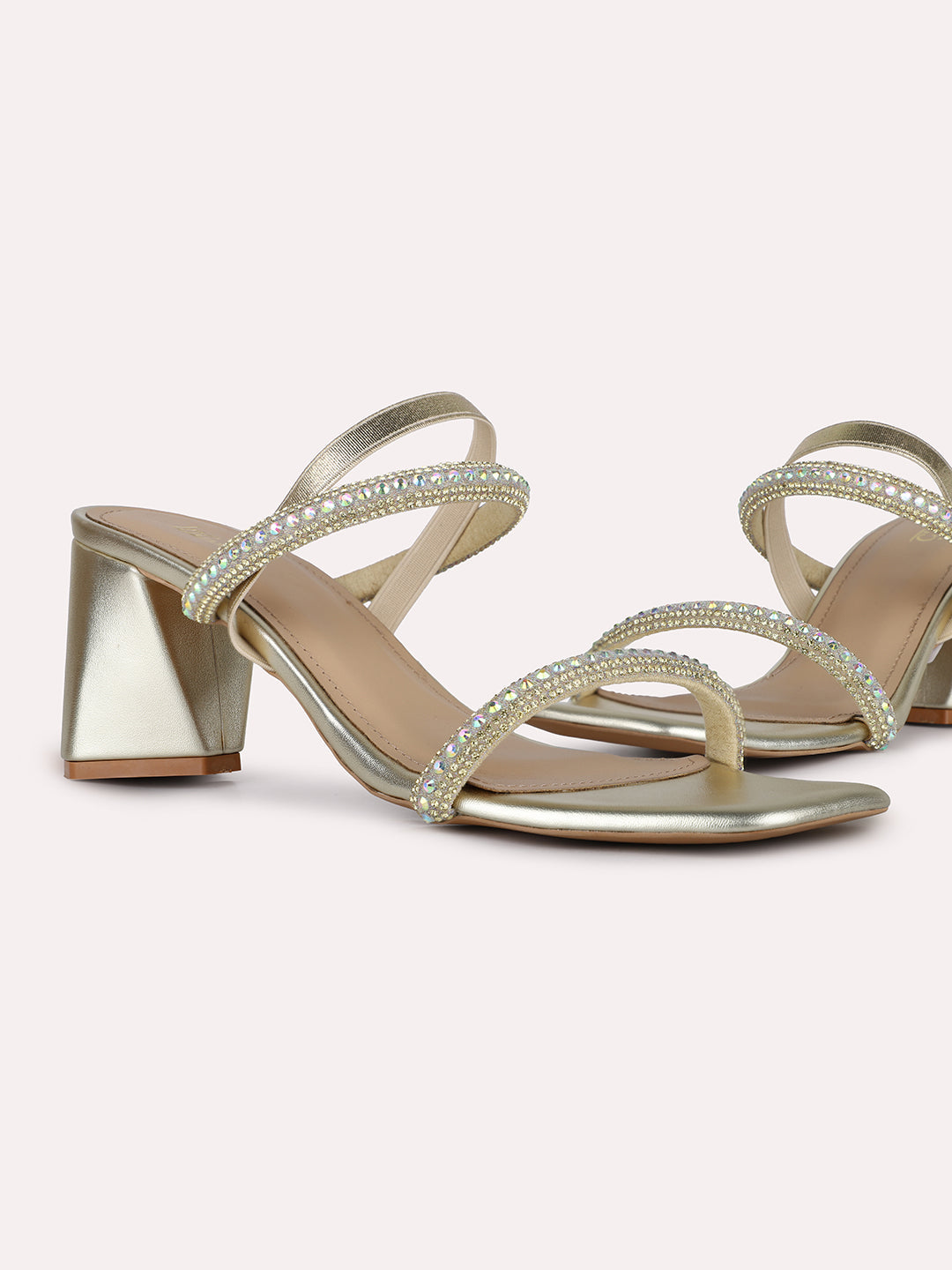 Women Golden Party Wear Embellished Square Toe Block Heel Sandals