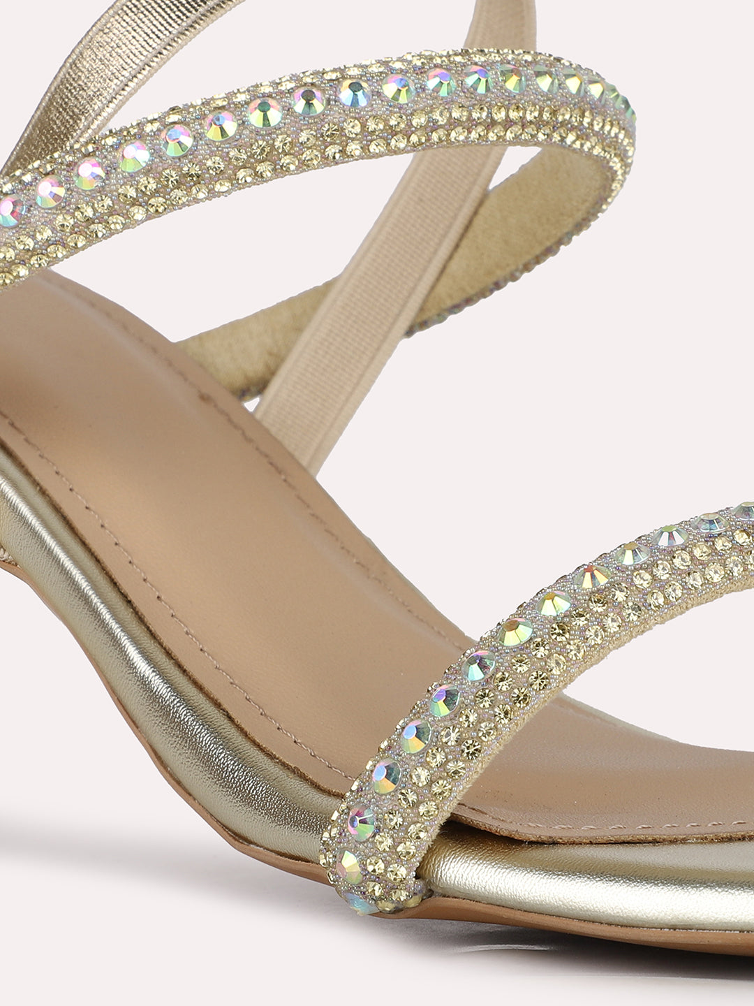 Women Golden Party Wear Embellished Square Toe Block Heel Sandals