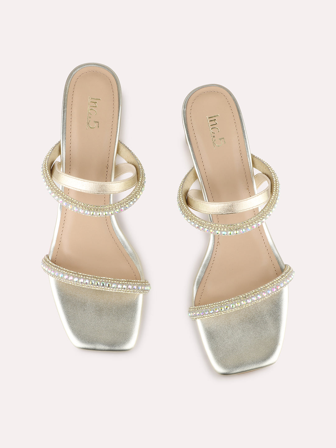 Women Golden Party Wear Embellished Square Toe Block Heel Sandals