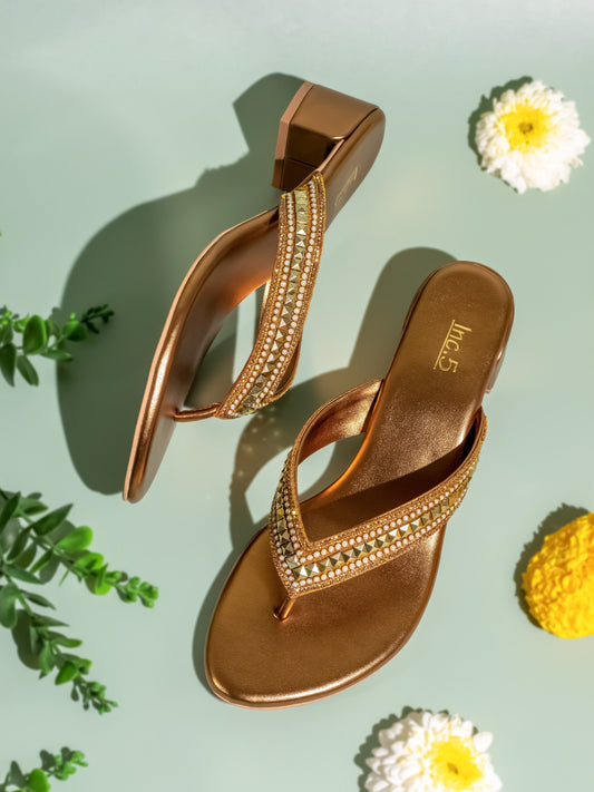 Womens Golden Ethnic Open toe Block Heel Sandals