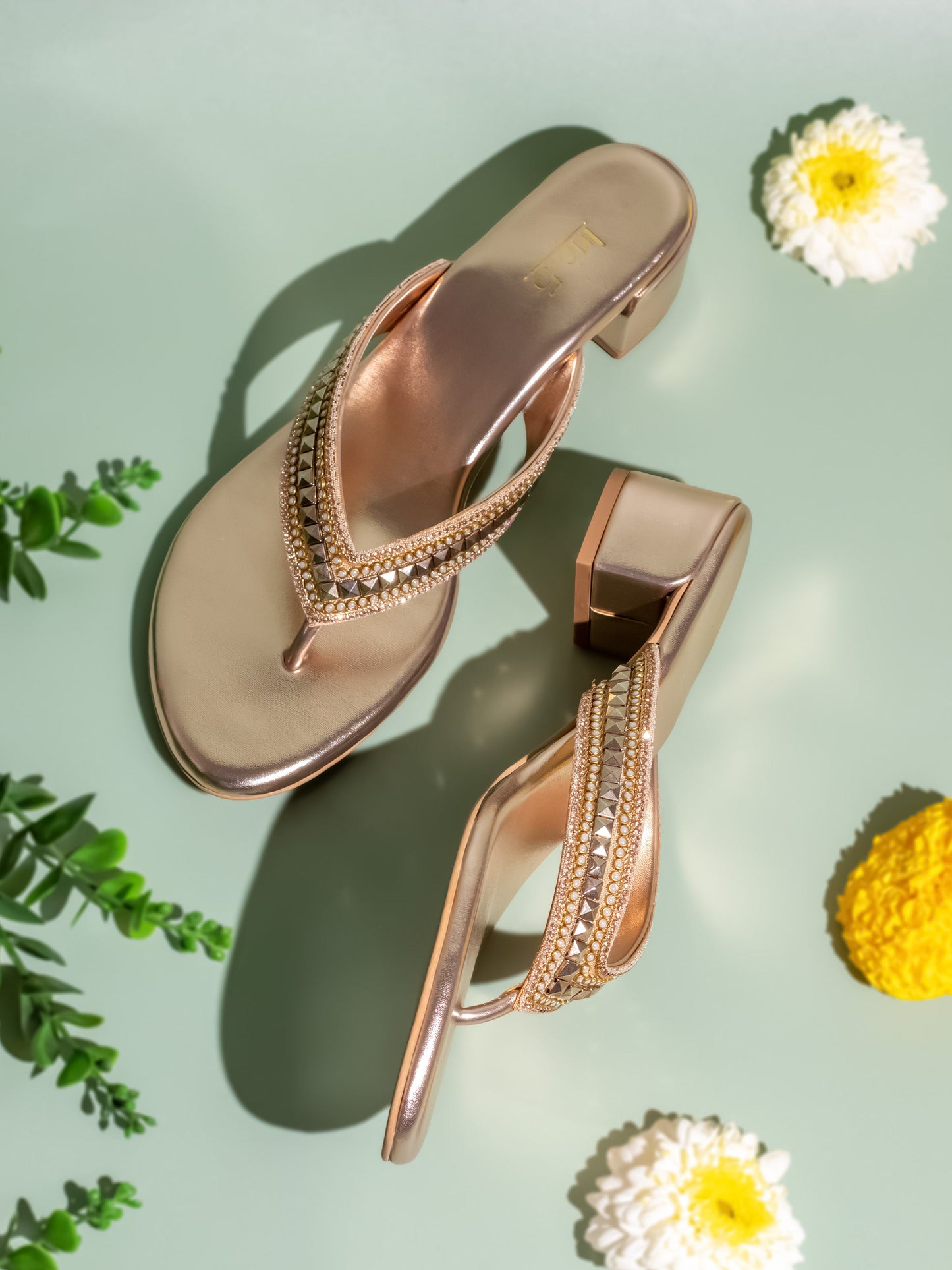 Womens Rose Gold Ethnic Open toe Block Heel Sandals