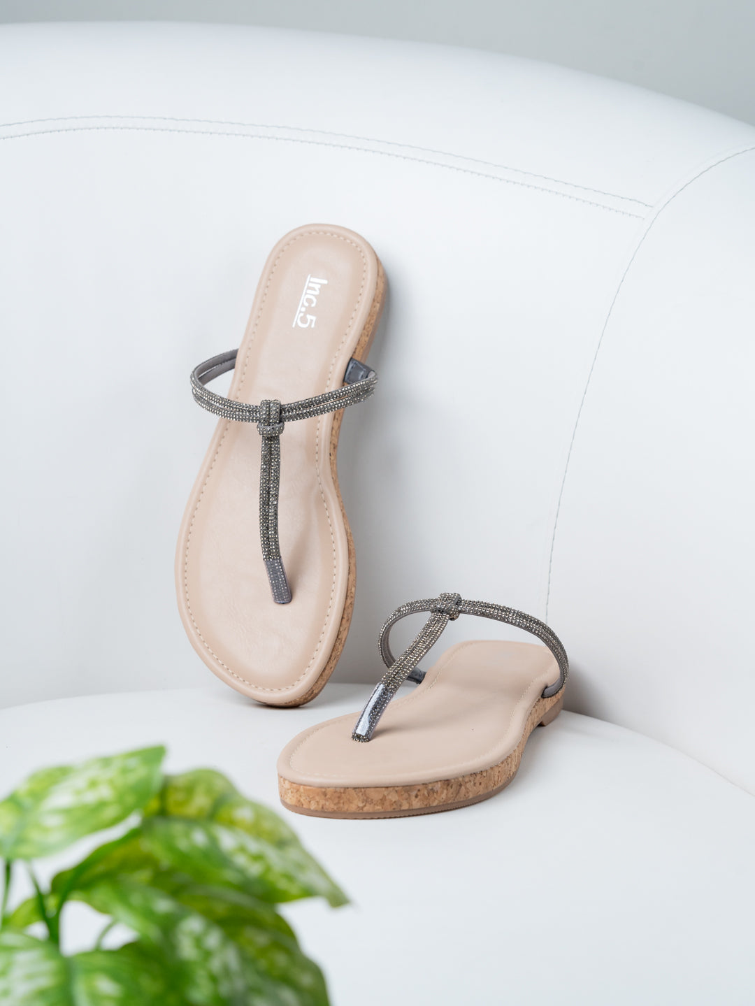 Womens Pewter Casual Solid T-Strap Slip-On Flat Sandals