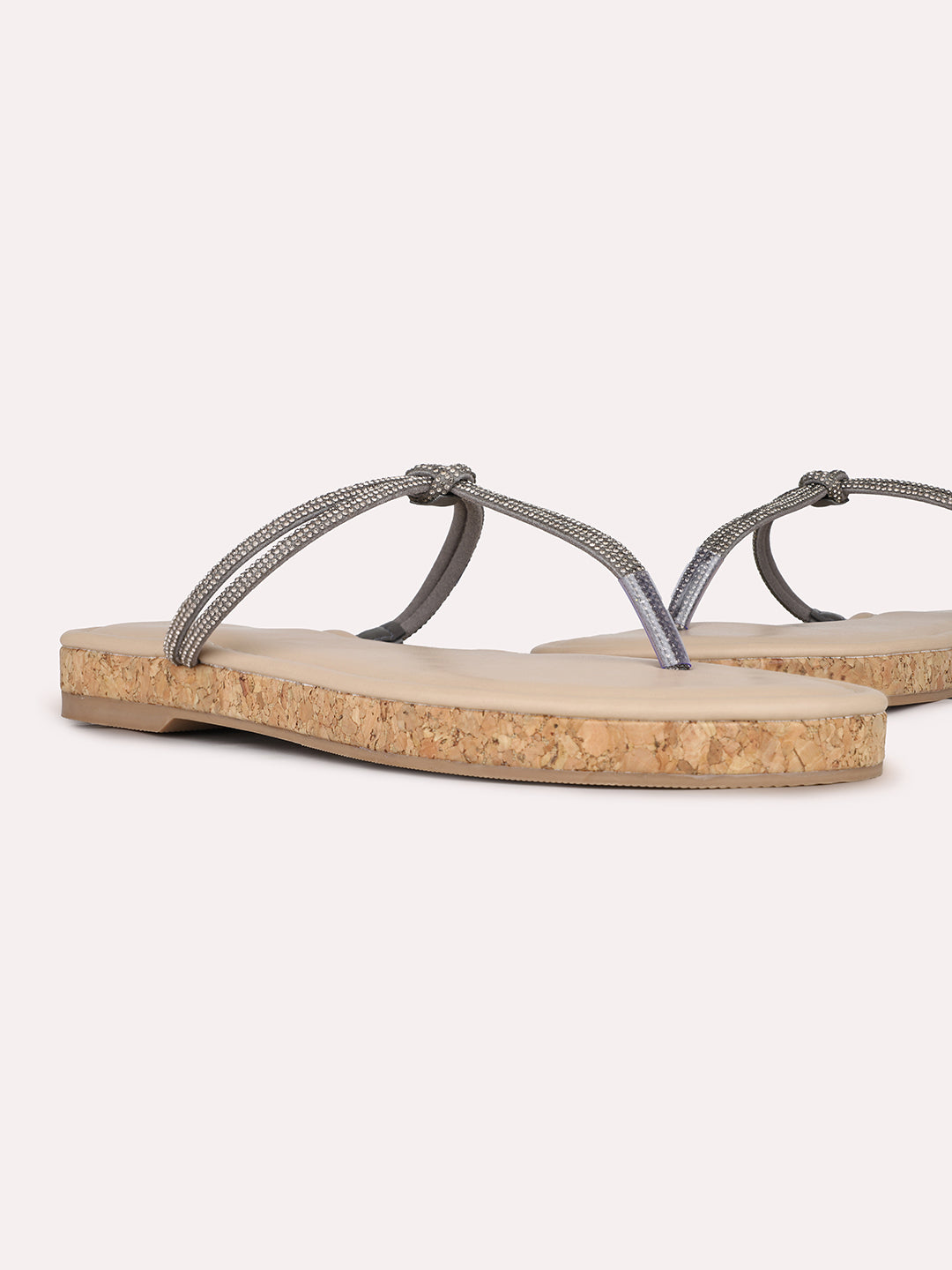 Womens Pewter Casual Solid T-Strap Slip-On Flat Sandals