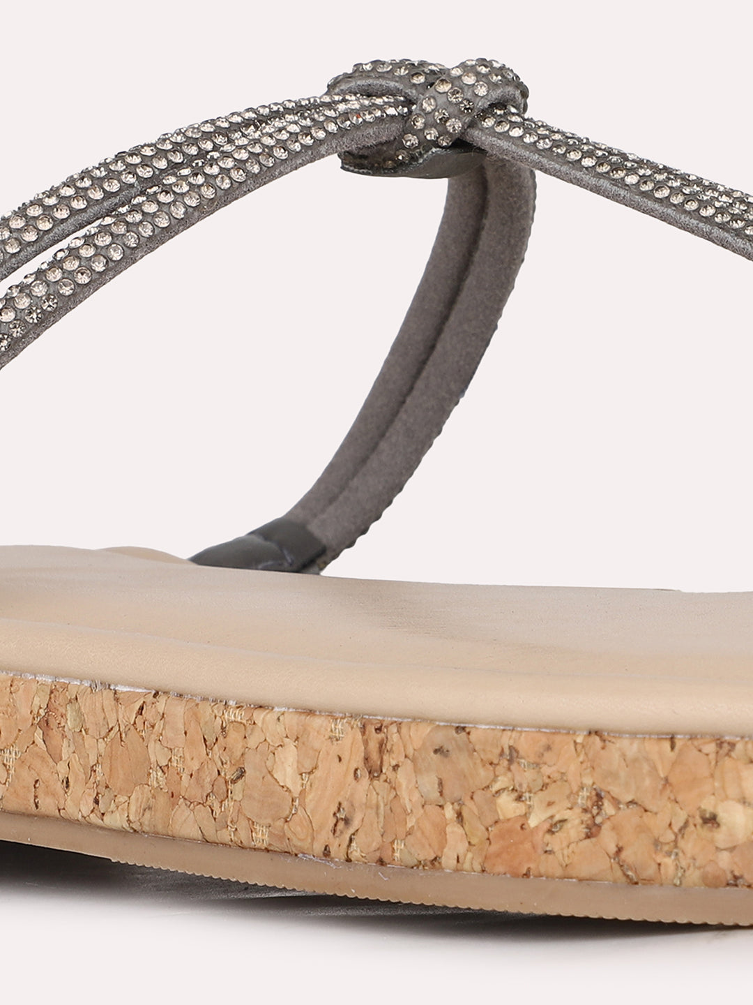 Womens Pewter Casual Solid T-Strap Slip-On Flat Sandals