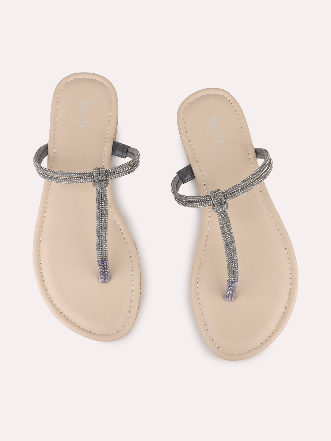 Womens Pewter Casual Solid T-Strap Slip-On Flat Sandals