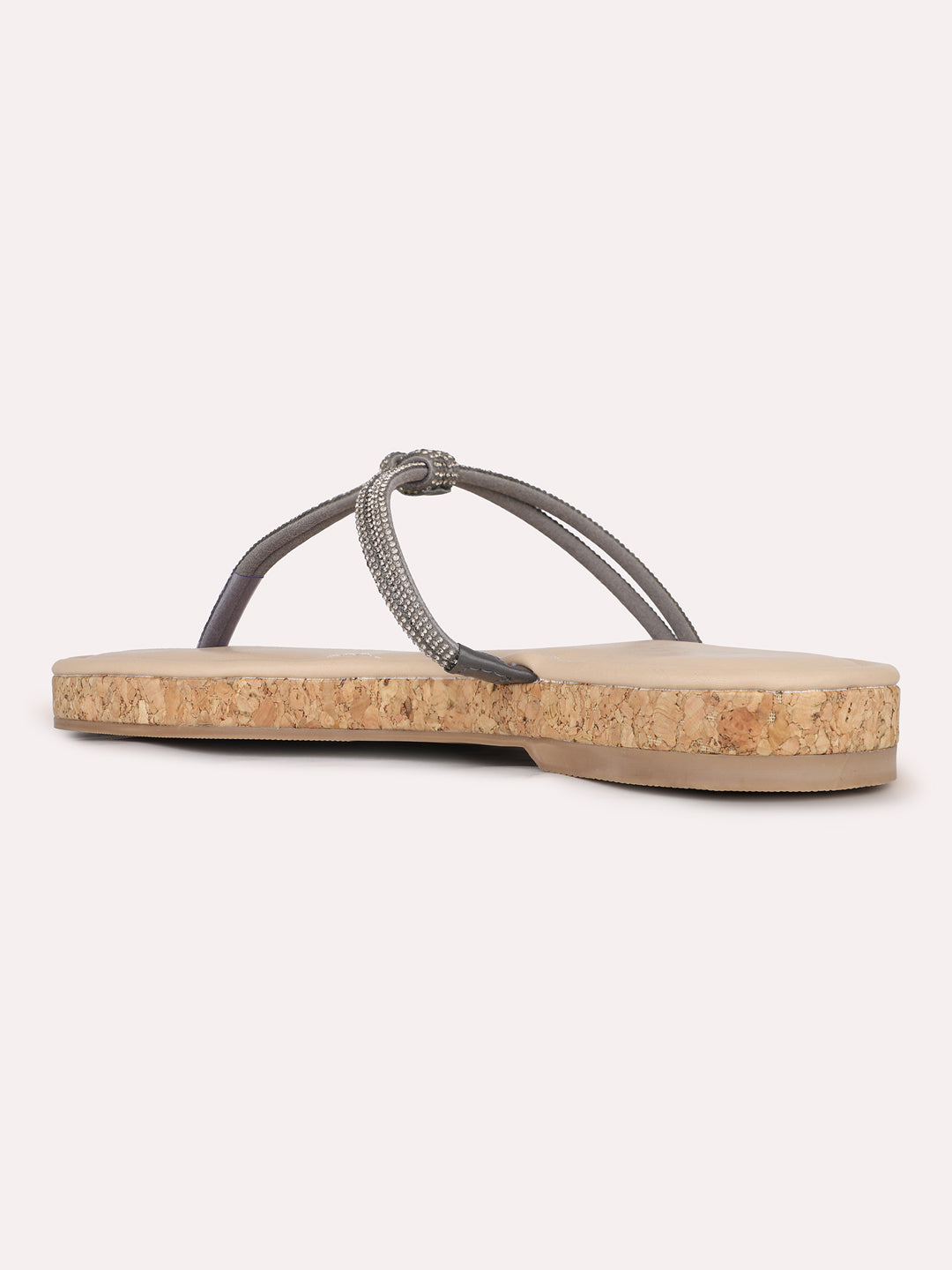 Womens Pewter Casual Solid T-Strap Slip-On Flat Sandals