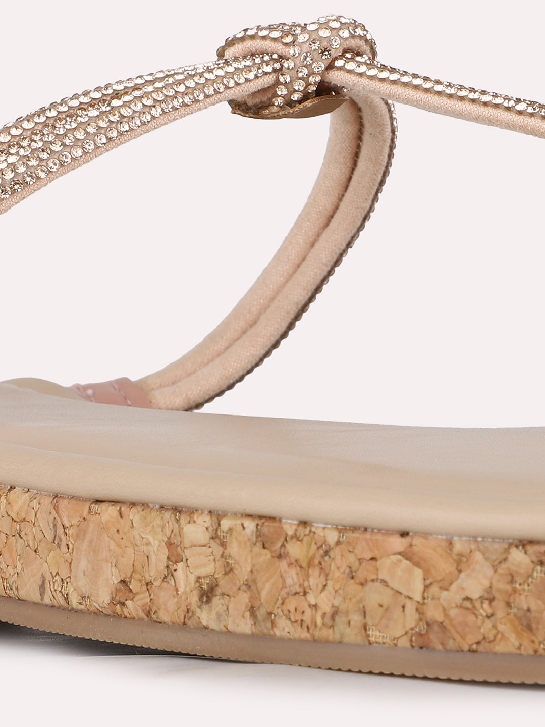 Women Rose Gold Casual Embellished T-Strap Slip-On Flat Sandals