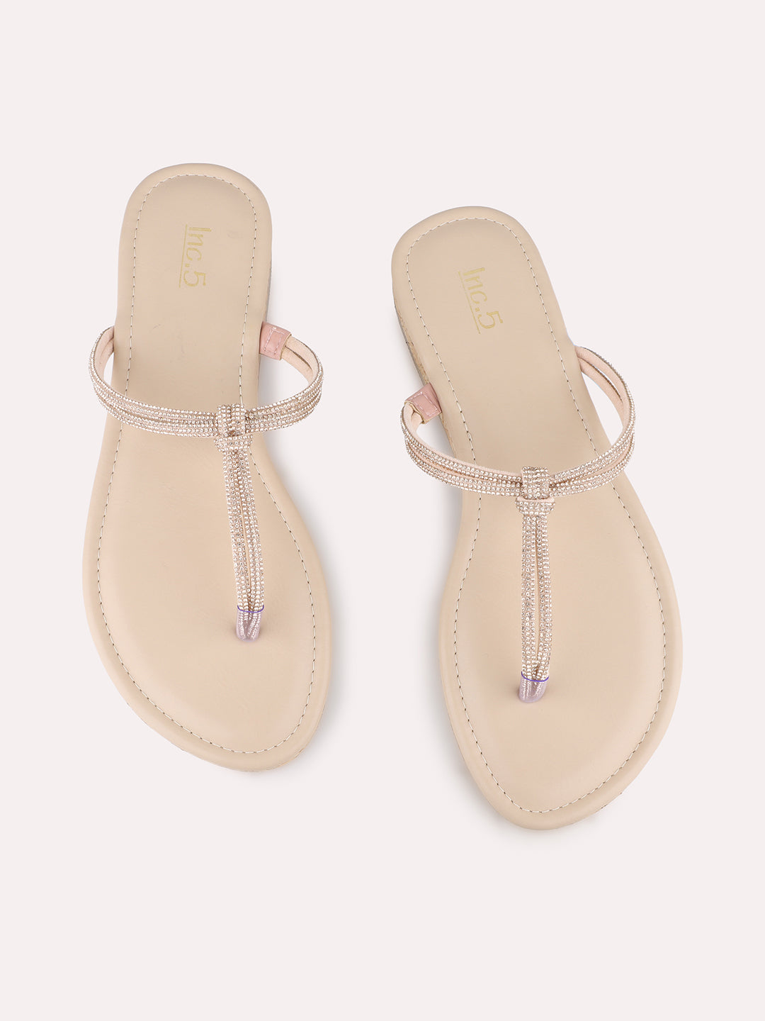 Women Rose Gold Casual Embellished T-Strap Slip-On Flat Sandals