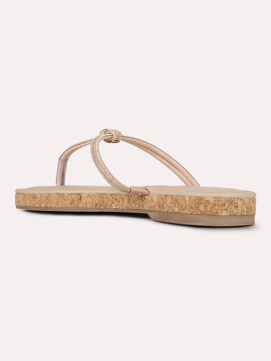 Women Rose Gold Casual Embellished T-Strap Slip-On Flat Sandals