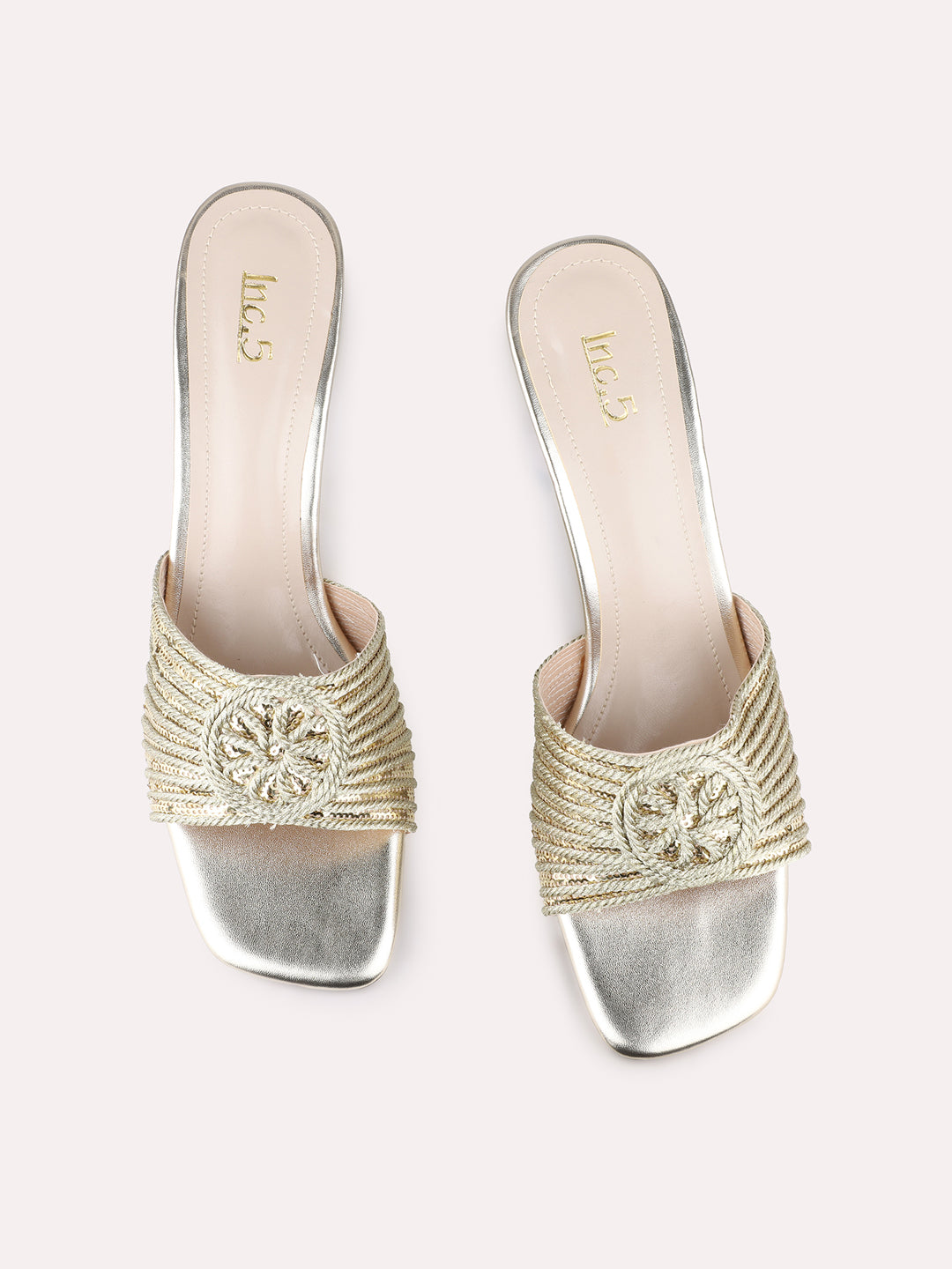 Womens Golden Party Wear Embellished Round Toe Kitten Heel Sandals