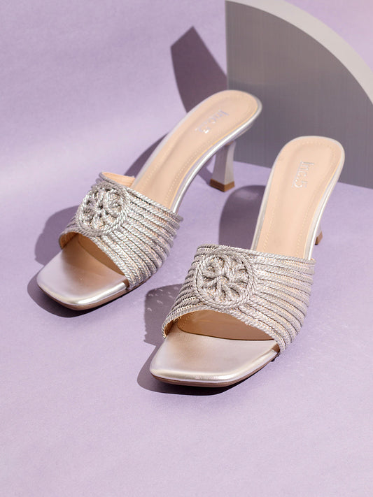 Womens Silver Party Wear Embellished Round Toe Kitten Heels