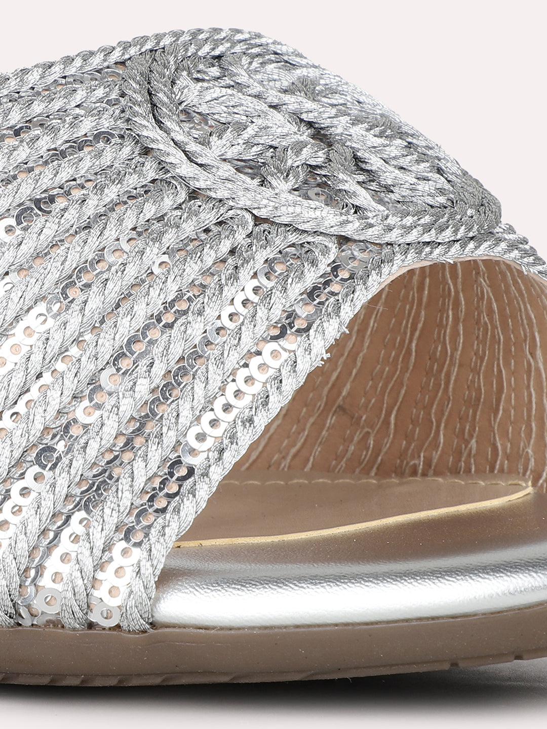 Womens Silver Party Wear Embellished Round Toe Kitten Heel Sandals