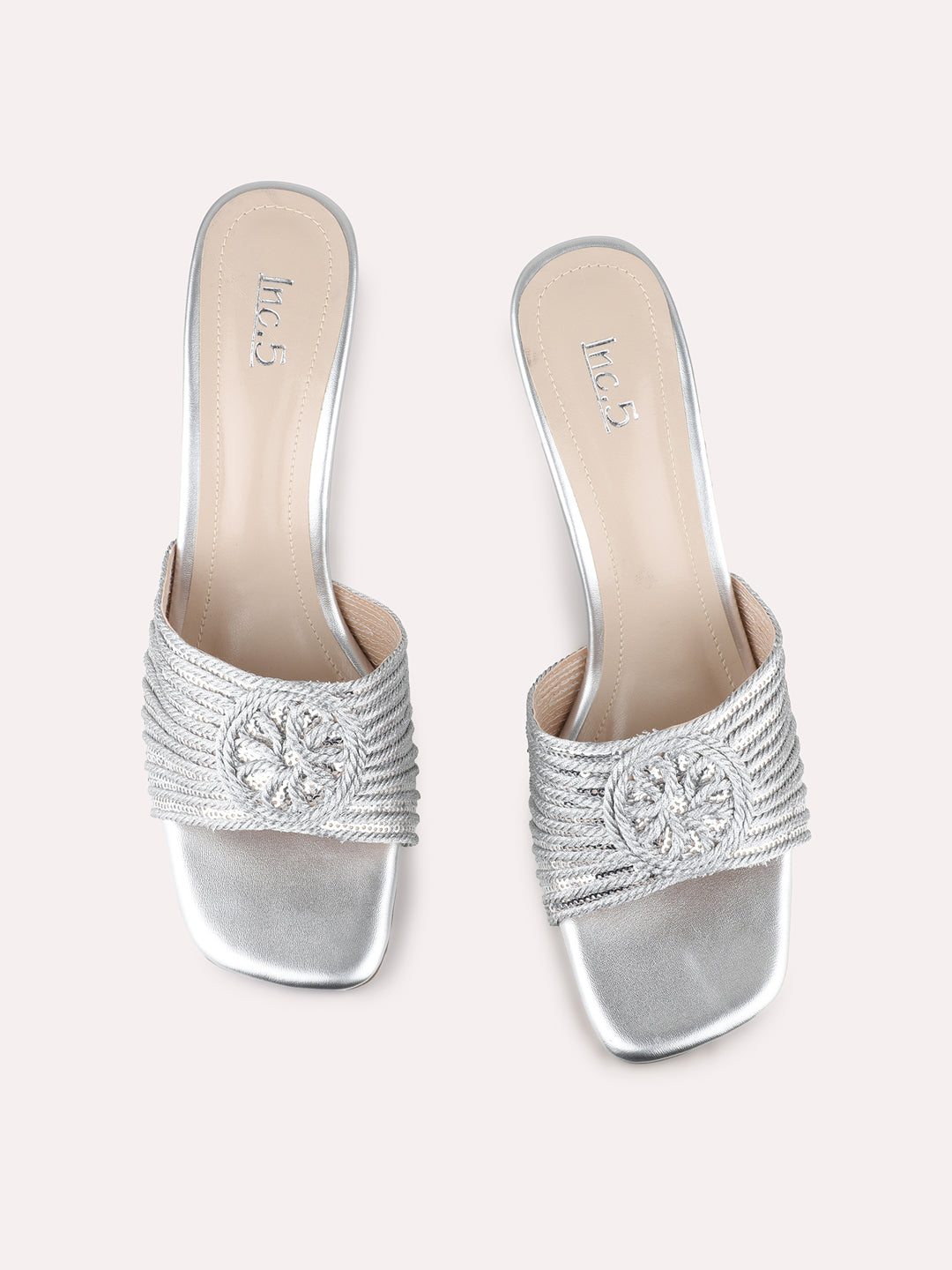 Womens Silver Party Wear Embellished Round Toe Kitten Heel Sandals