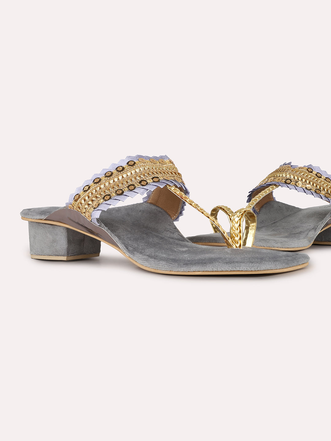 Women Grey Ethnic Embellished Round Toe Block Heel Sandals