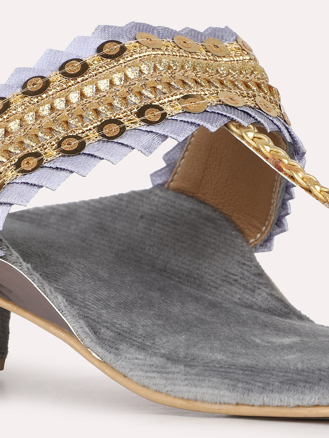 Women Grey Ethnic Embellished Round Toe Block Heel Sandals