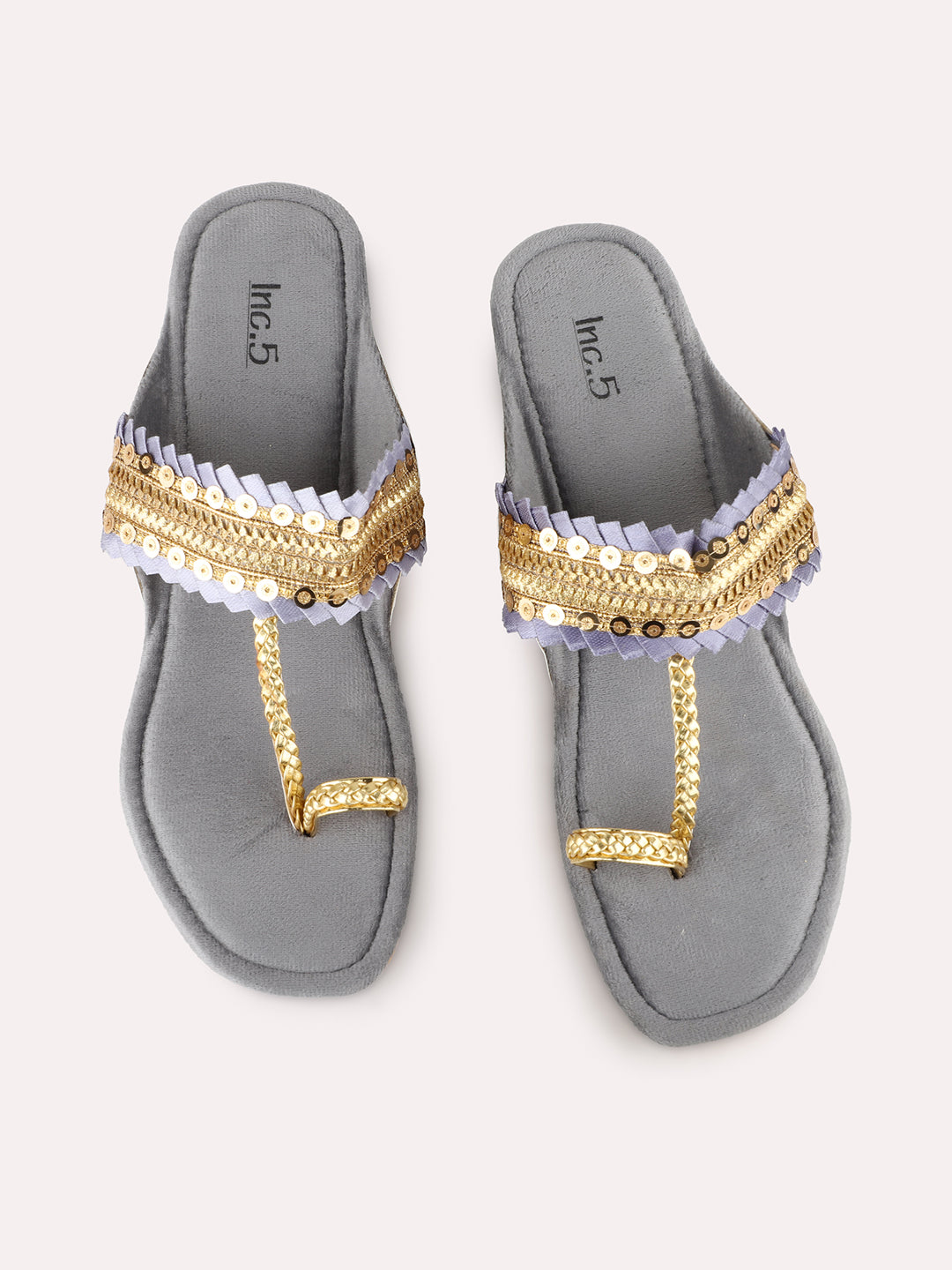 Women Grey Ethnic Embellished Round Toe Block Heel Sandals