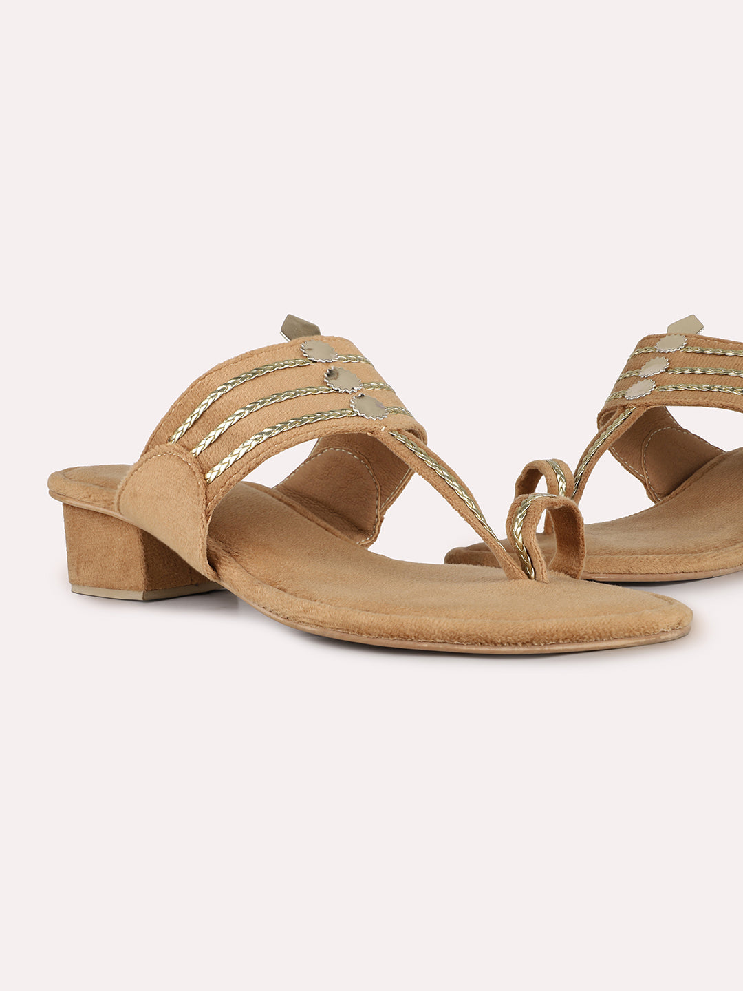 Women Beige Ethnic Embellished One Toe Block Heel Sandals