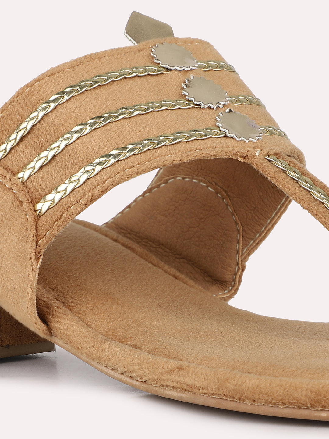 Women Beige Ethnic Embellished One Toe Block Heel Sandals