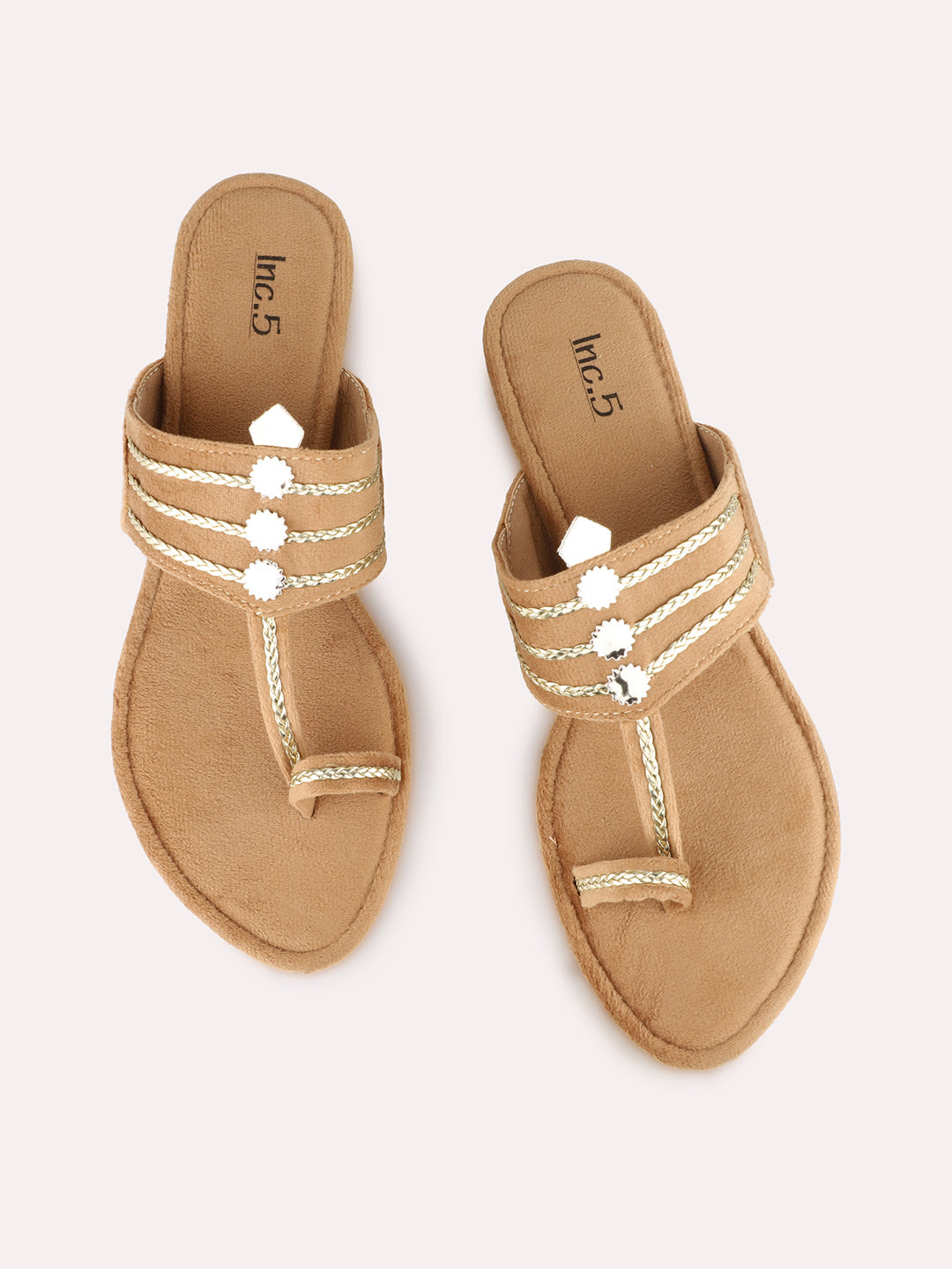 Women Beige Ethnic Embellished One Toe Block Heel Sandals