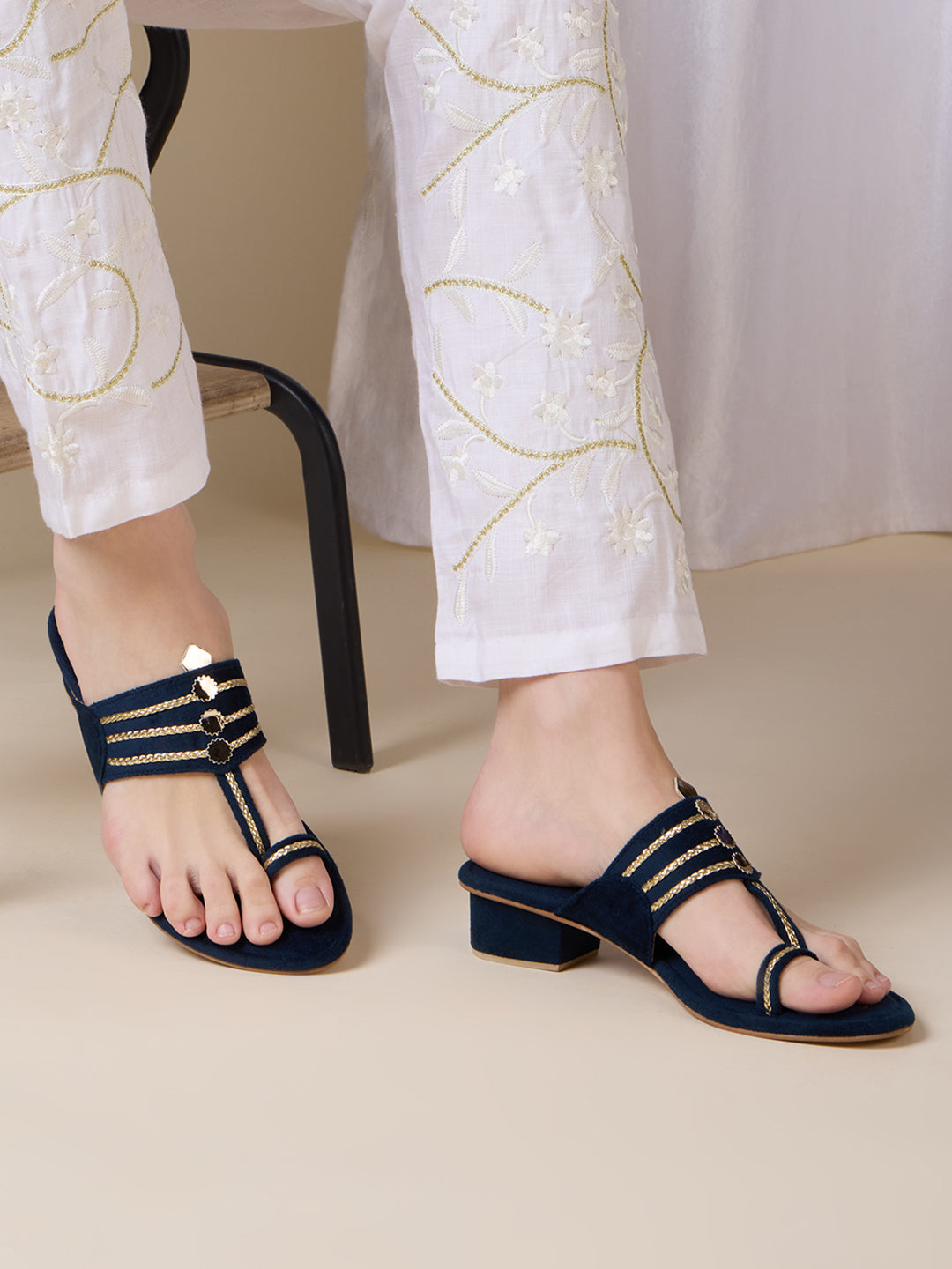 Women Navy Ethnic Embellished Round Toe Block Heel Sandals