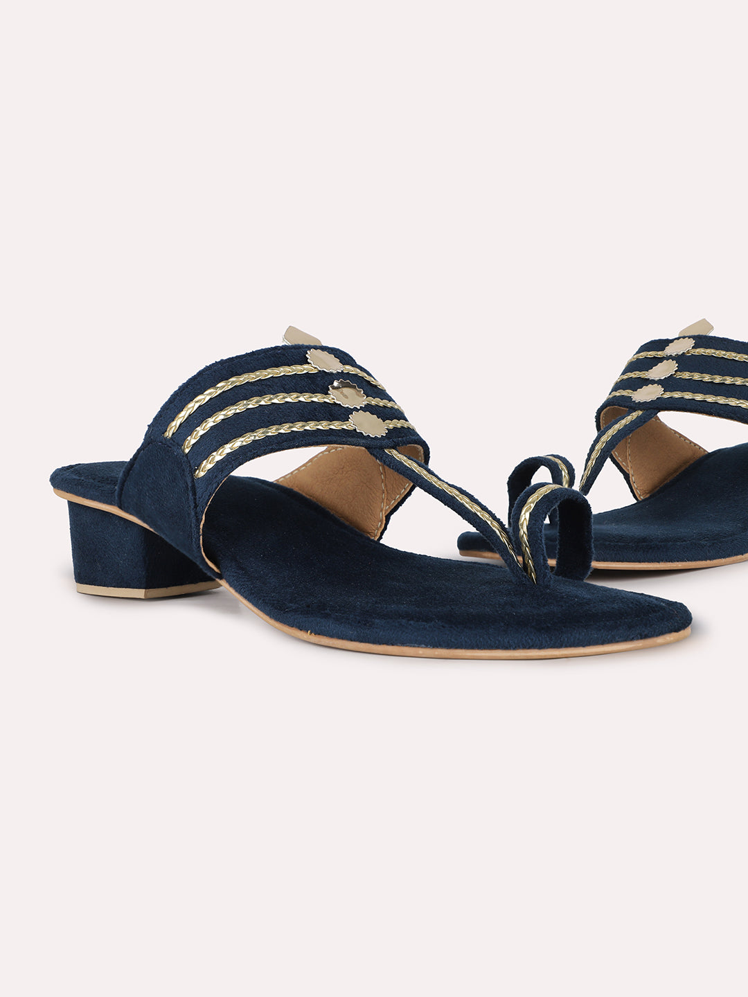 Women Navy Ethnic Embellished Round Toe Block Heel Sandals